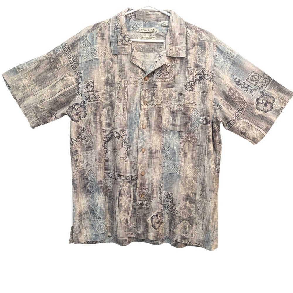 Batik Bay Shirt Men's L Blue Gray Silk Hawaiian‎ Aloha Camp Short Sleeve Travel